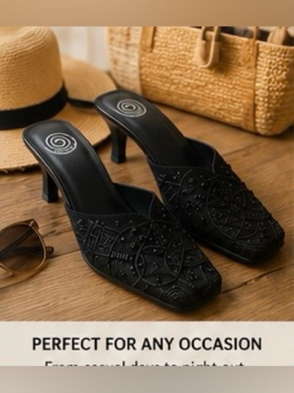 Chico’s Black Beaded Mule Heels Size 7M Boho Dress Shoes - Picture 4 of 9